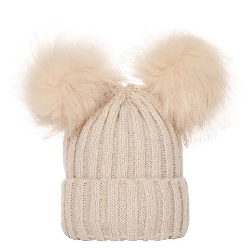 Double Hairball Solid Pompom Beanie Hat