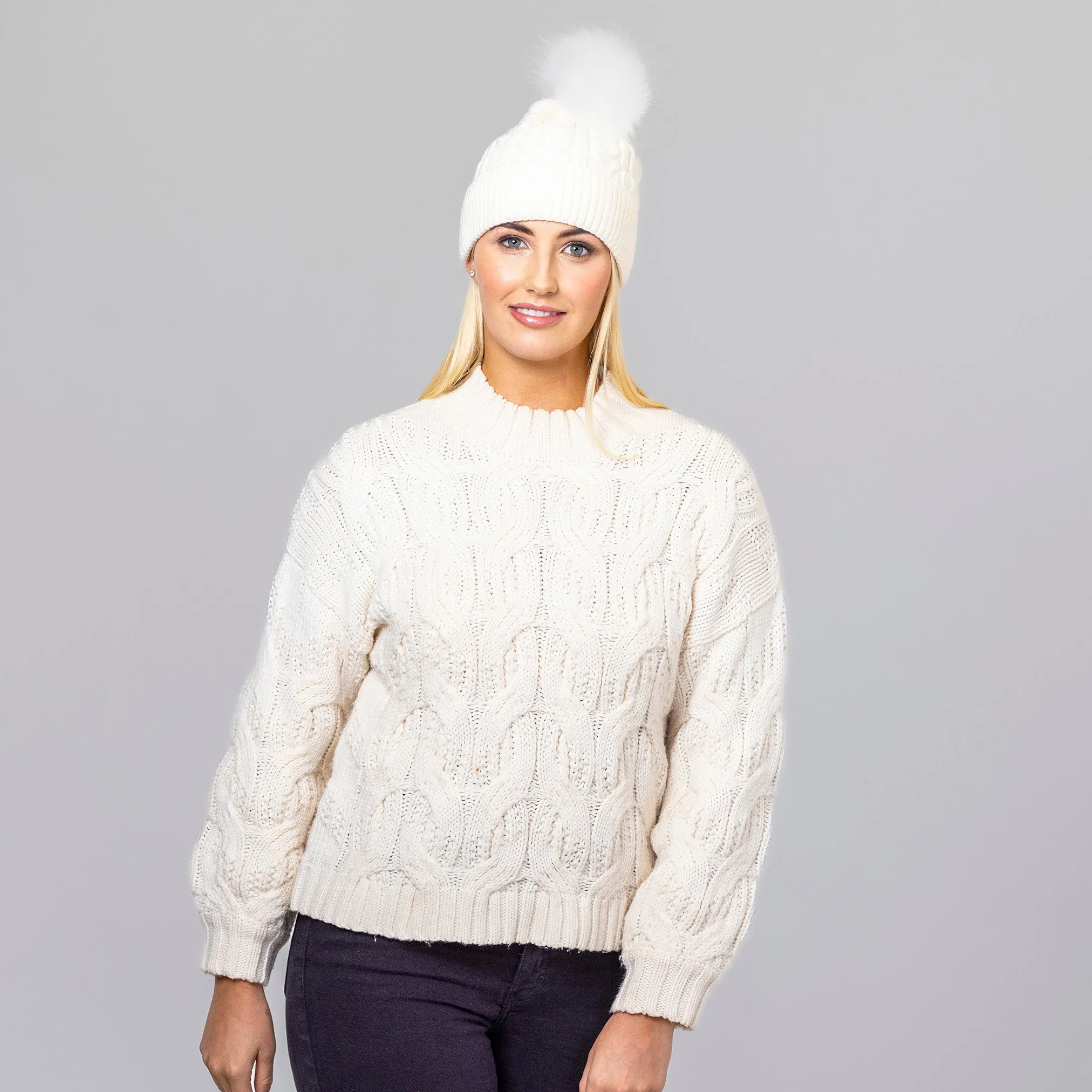 Fine Cable Lined Pom Pom Hat