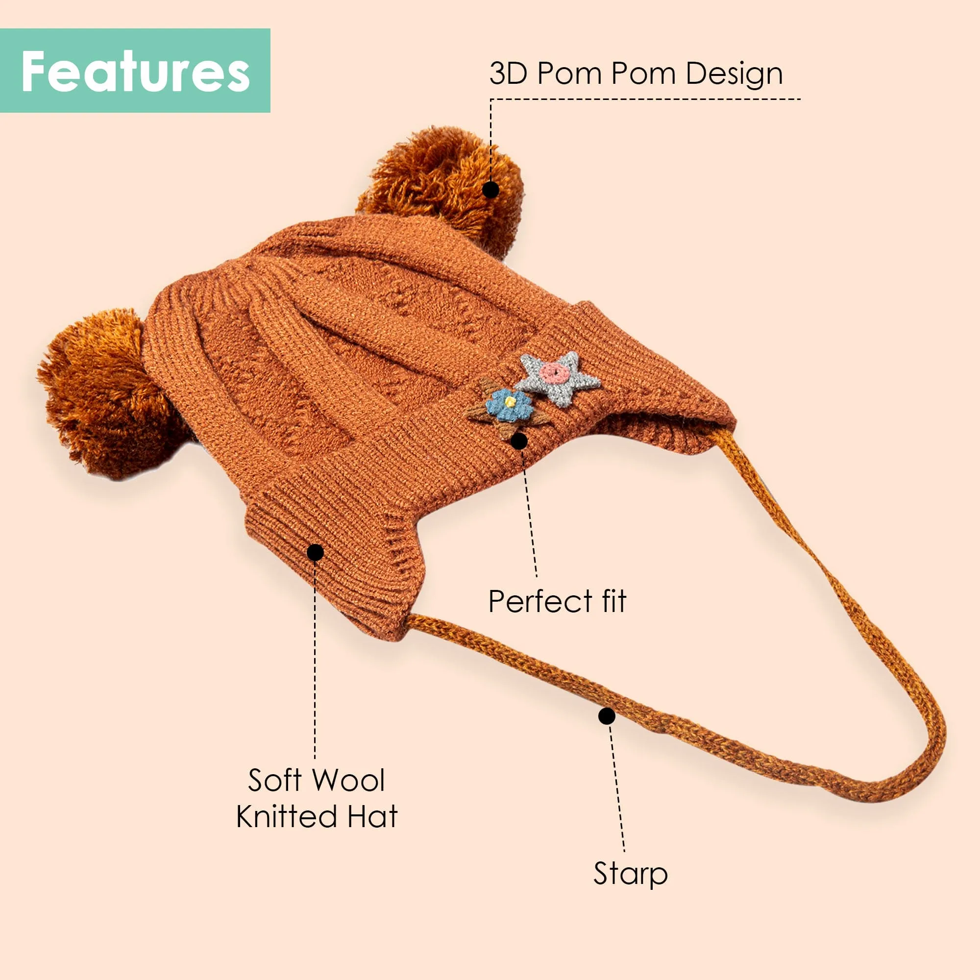 Knit Woollen Cap With Tie For Ear Cover Starry Pom Pom Brown