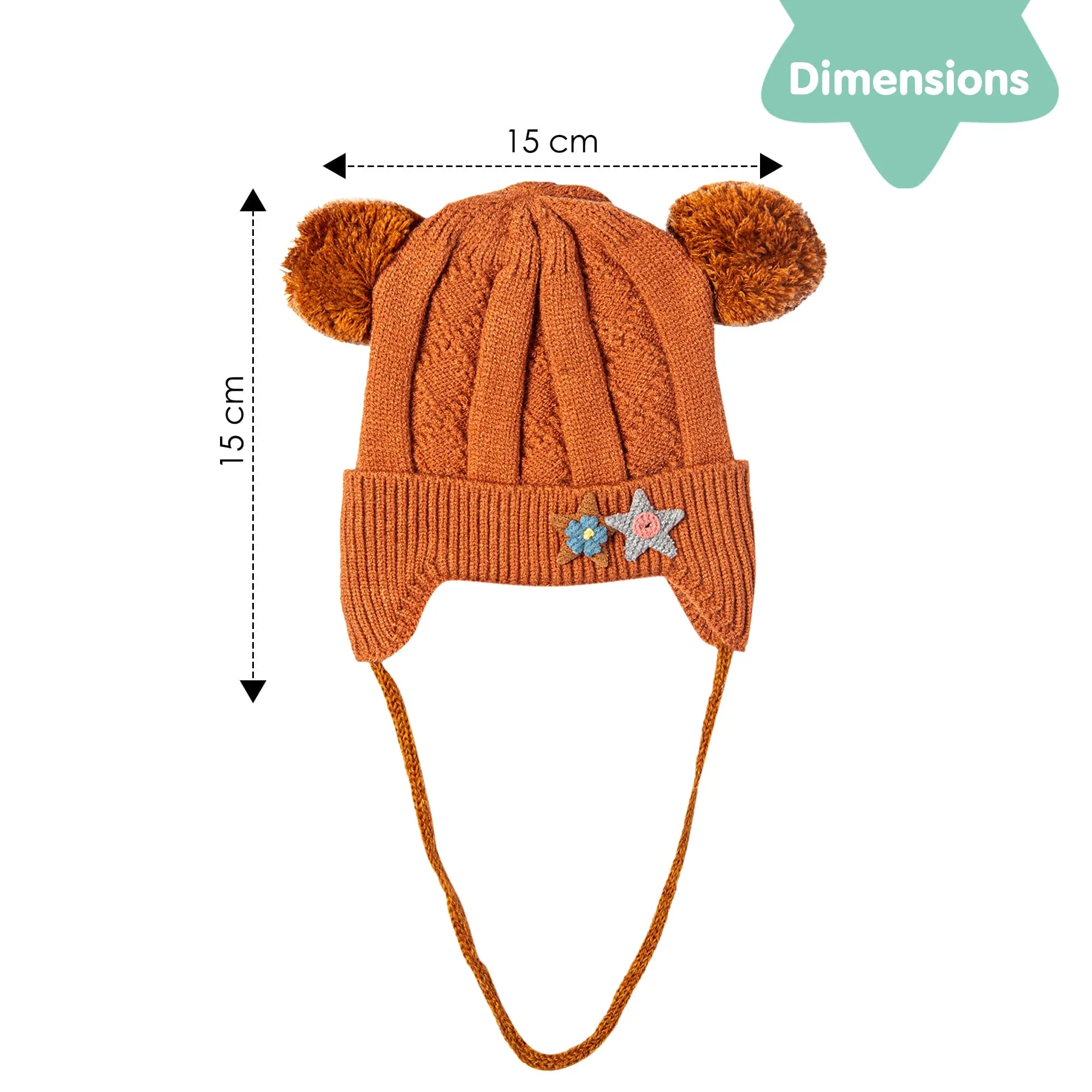 Knit Woollen Cap With Tie For Ear Cover Starry Pom Pom Brown