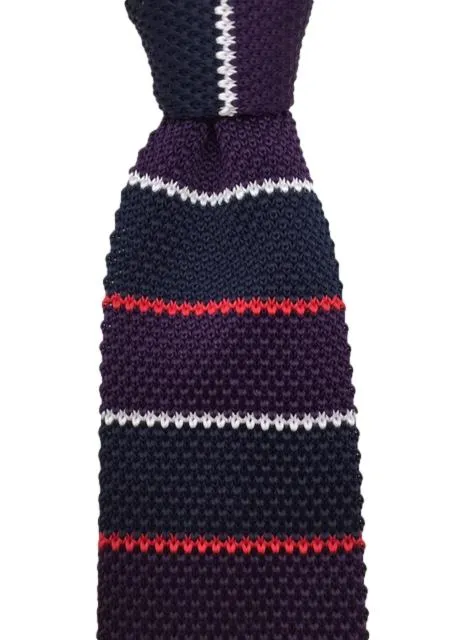 Navy Blue, Grape Purple, Red and White Striped Knit Tie