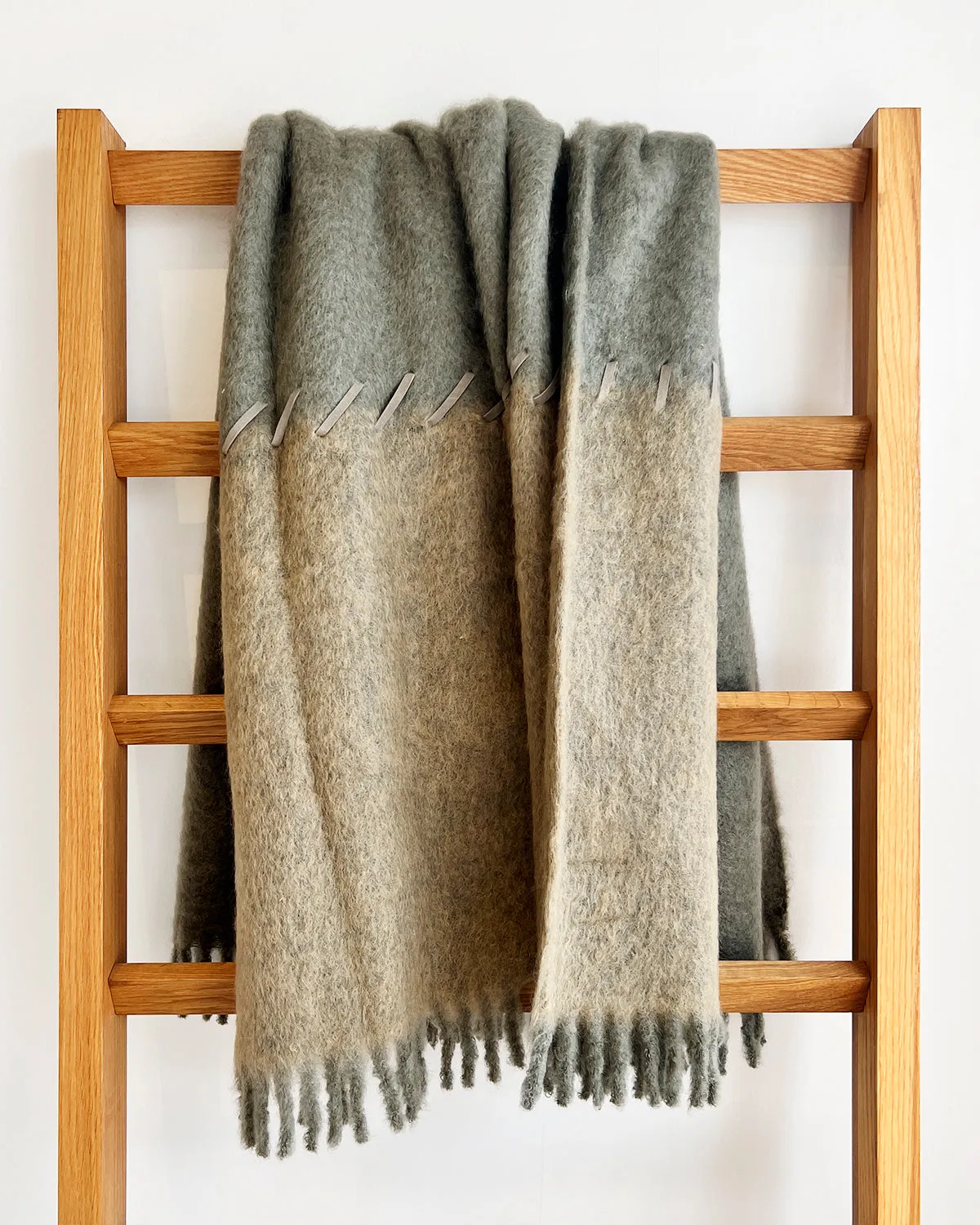 Sage and Moss Mohair Blanket - Suede Whipstitch