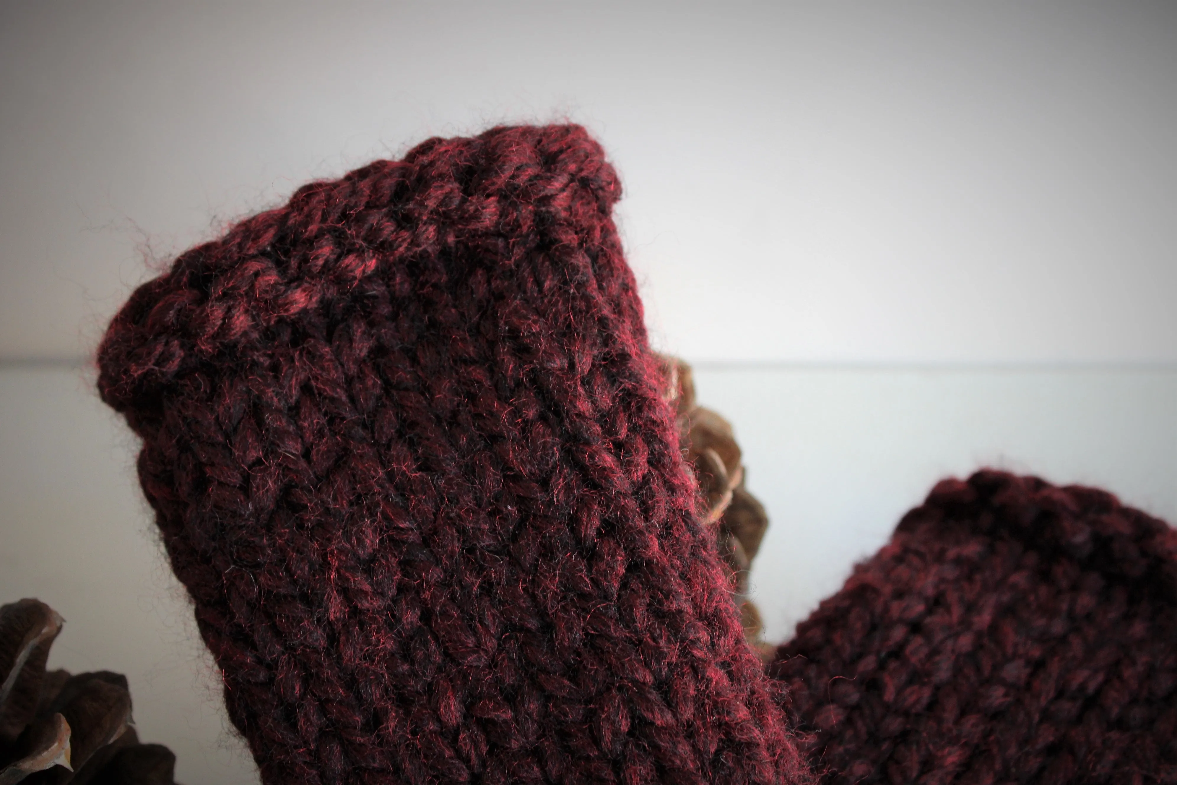 The "Garnet" Handknit Fingerless Gloves in Dark Wine Red