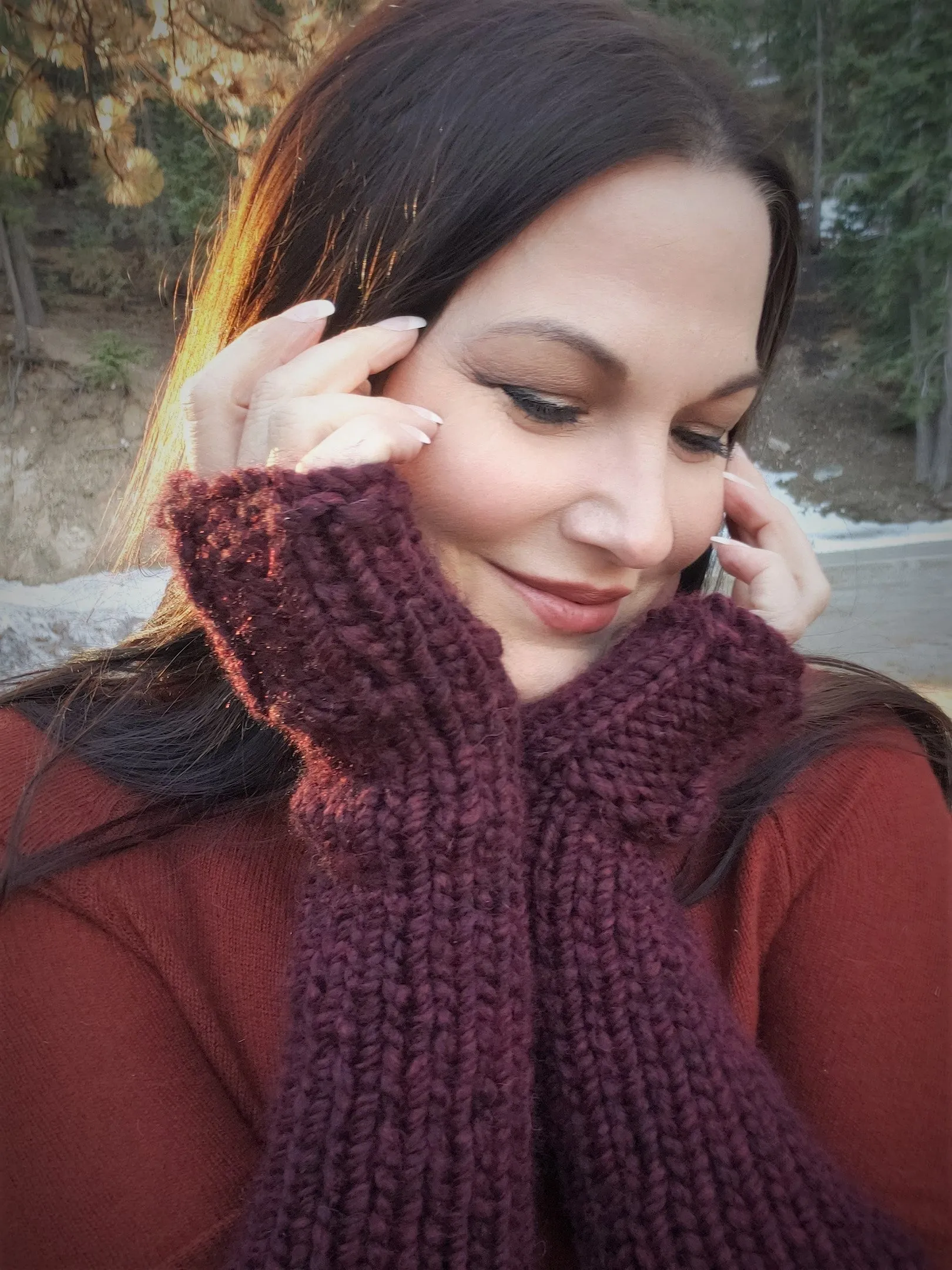 The "Garnet" Handknit Fingerless Gloves in Dark Wine Red