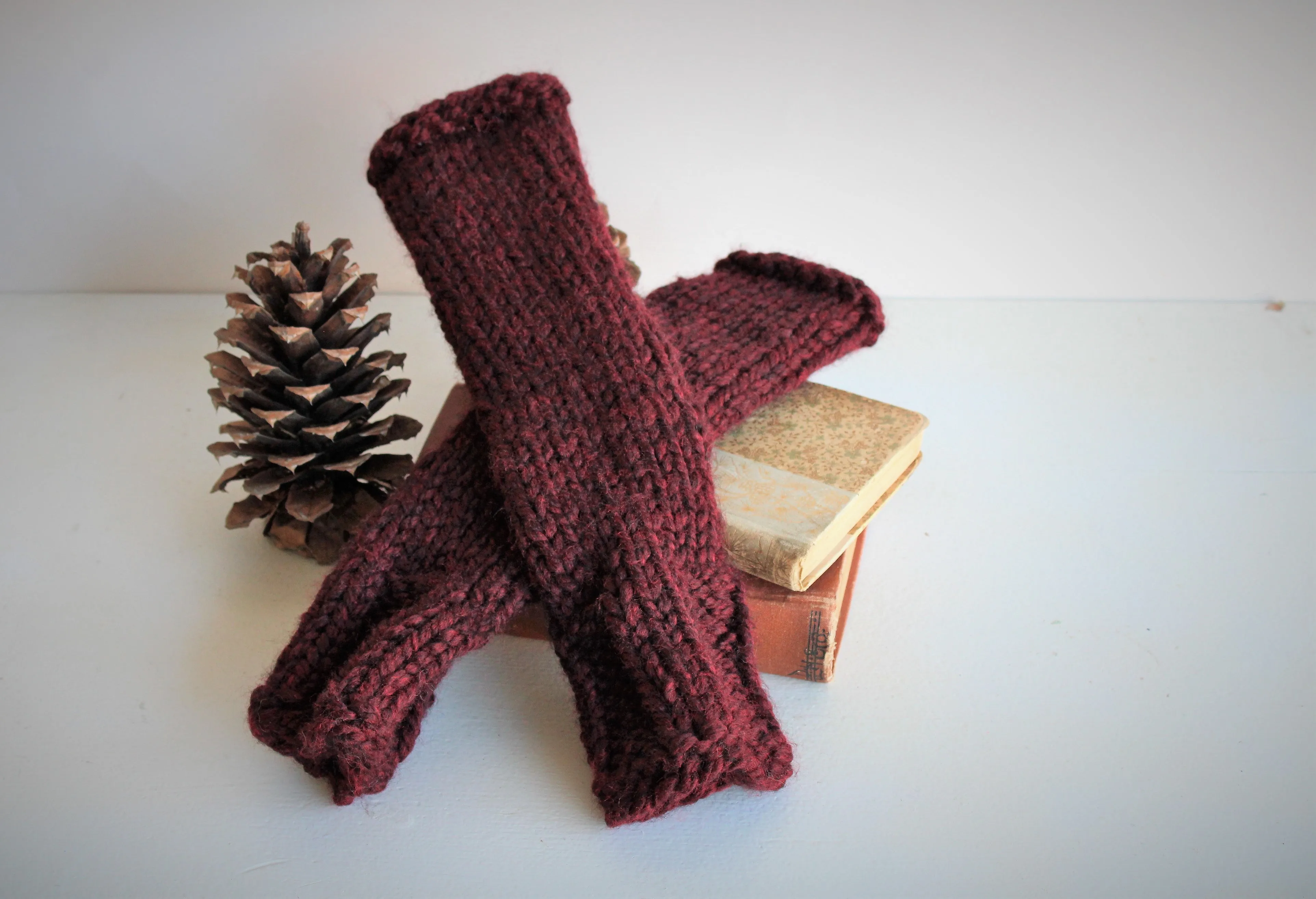 The "Garnet" Handknit Fingerless Gloves in Dark Wine Red