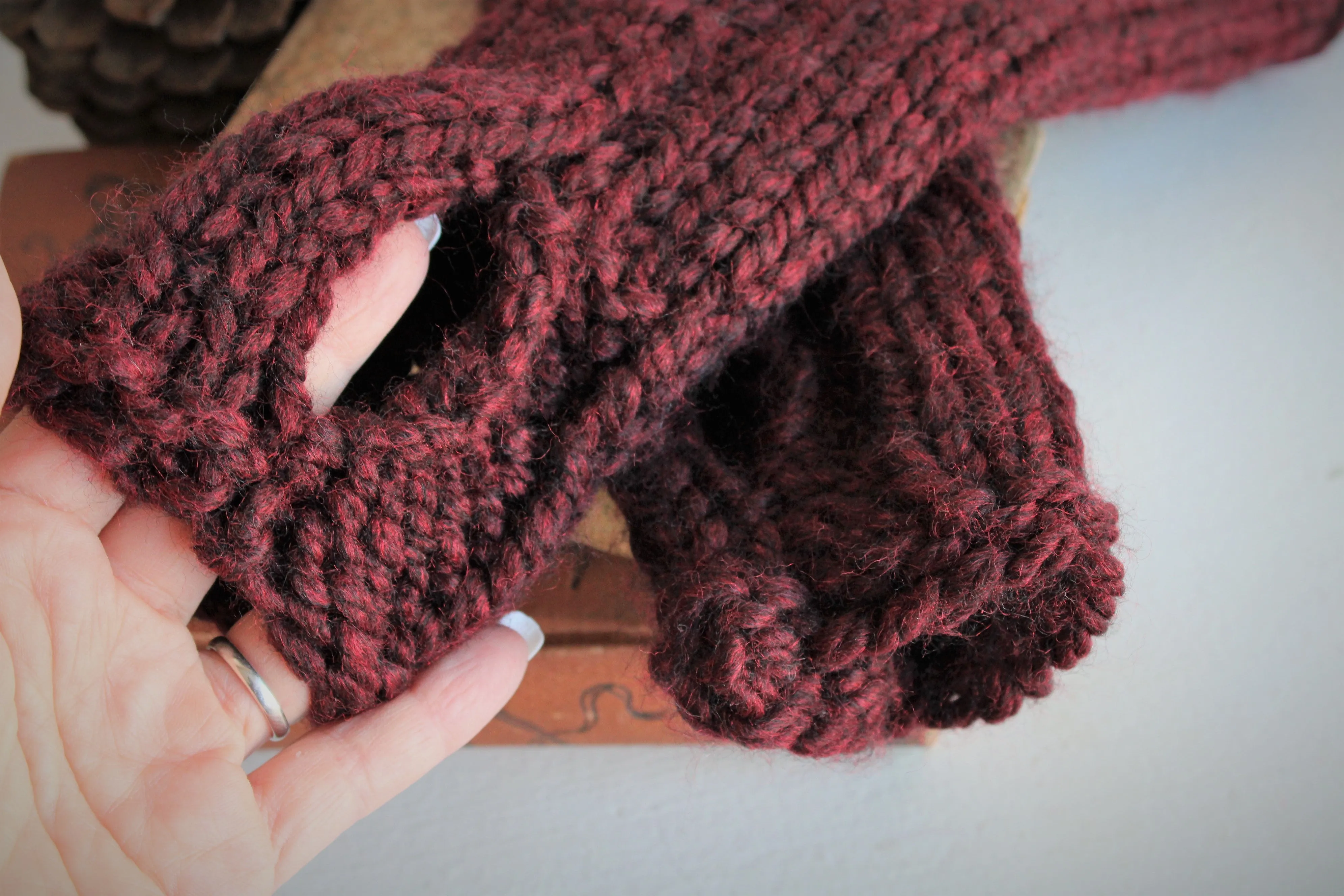 The "Garnet" Handknit Fingerless Gloves in Dark Wine Red